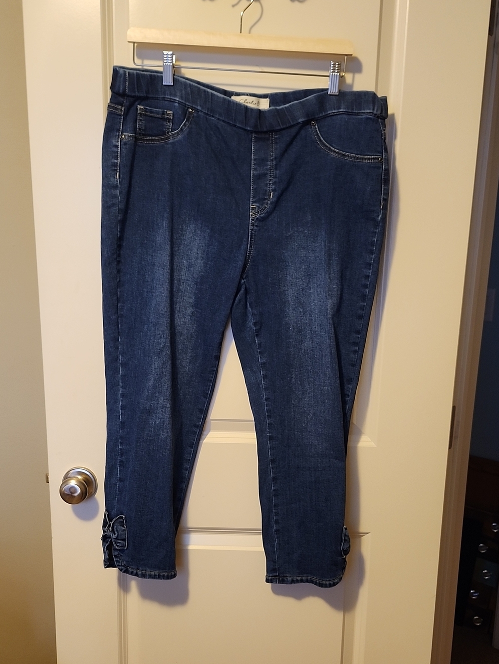 CHARLIE B Dark Blue Ankle Cropped Stretch Jeans with Hem Tab